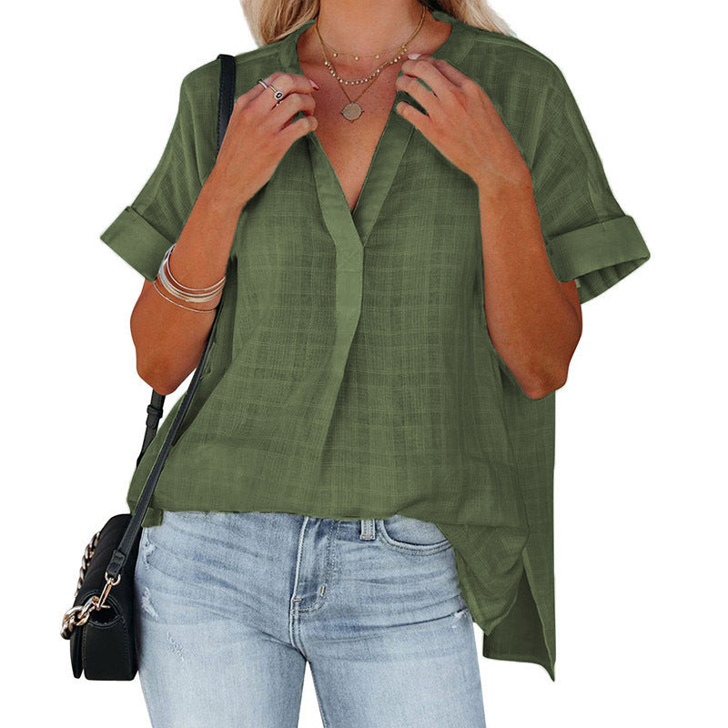Women's Short Sleeve Thin V-neck Pullover Loose Shirt - kinko