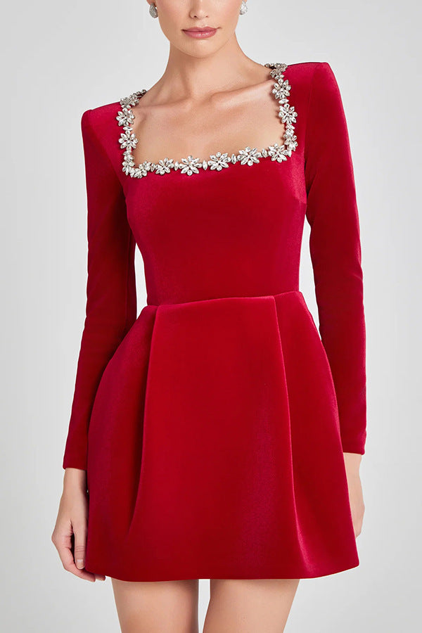 Elegant Square Neck Long-sleeved Dress With Flowers Rhinestone Design Fashion A-line Short Dresses Spring Clothing For Women - kinko