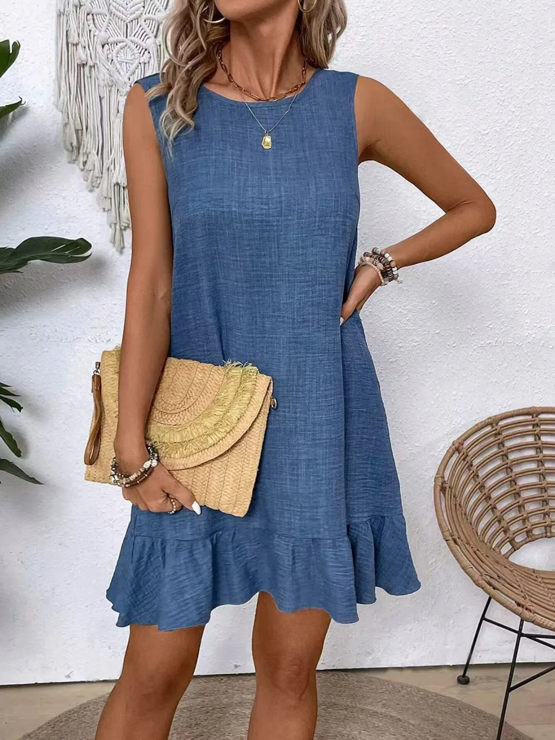 Ruffled Hem Round Neck Sleeveless Dress - kinko