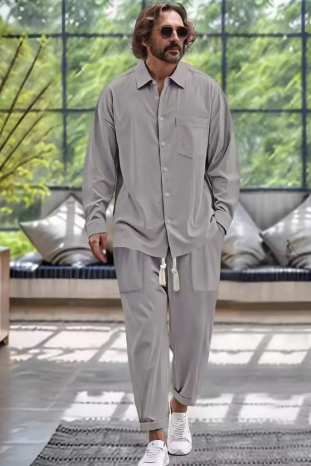 Men's Collared Neck Long Sleeve Top and Pants Set Plus Size - kinko