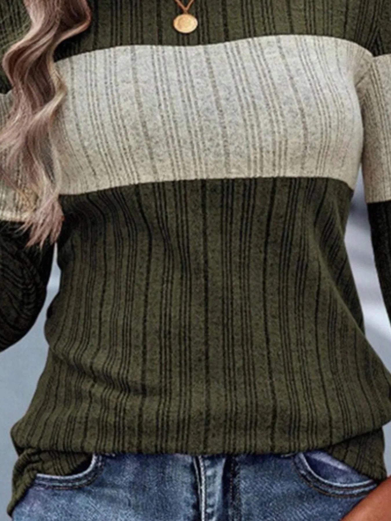 Color Block Round Neck Long Sleeve Sweater - kinko