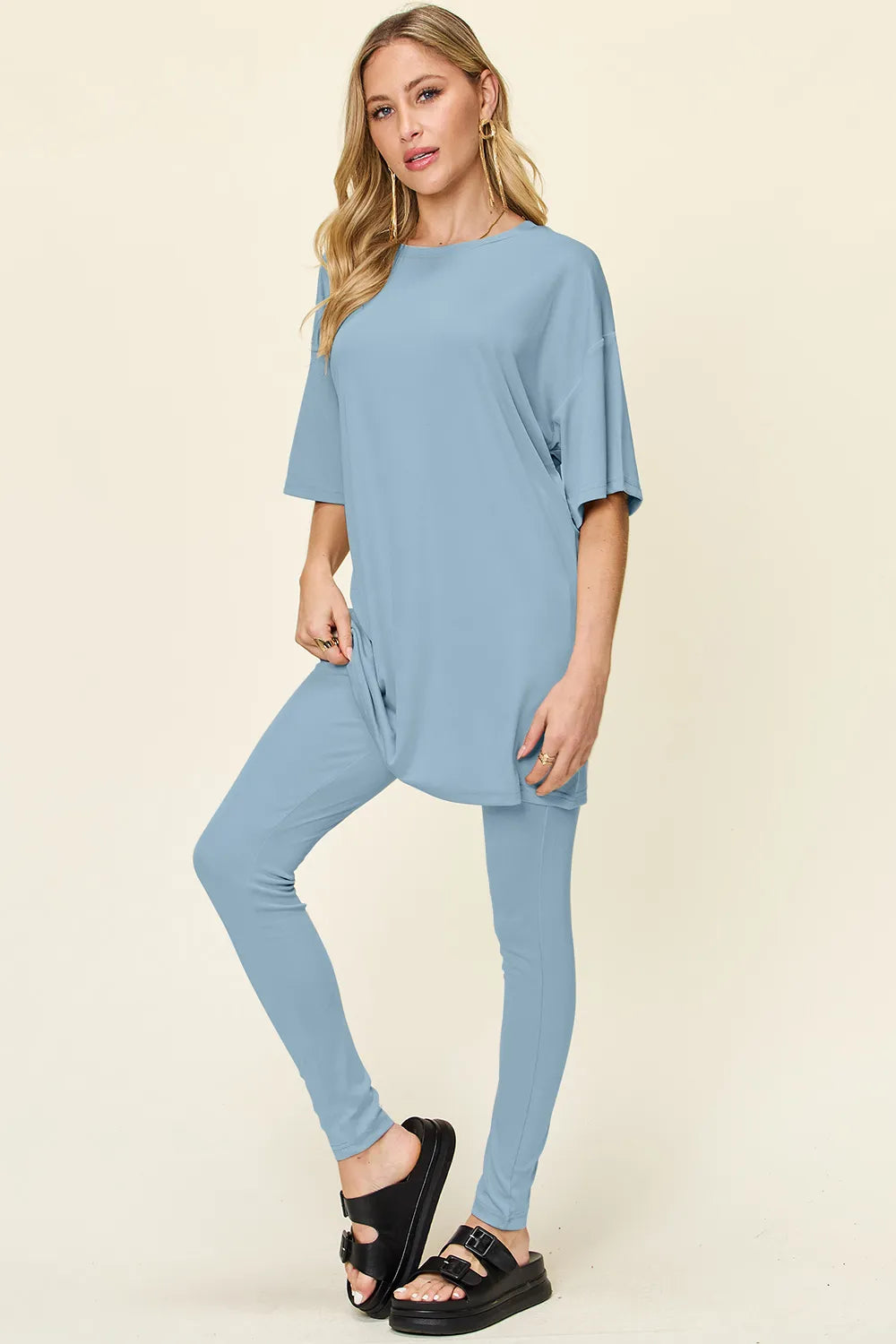 Double Take Full Size Round Neck Dropped Shoulder T-Shirt and Leggings Set - kinko