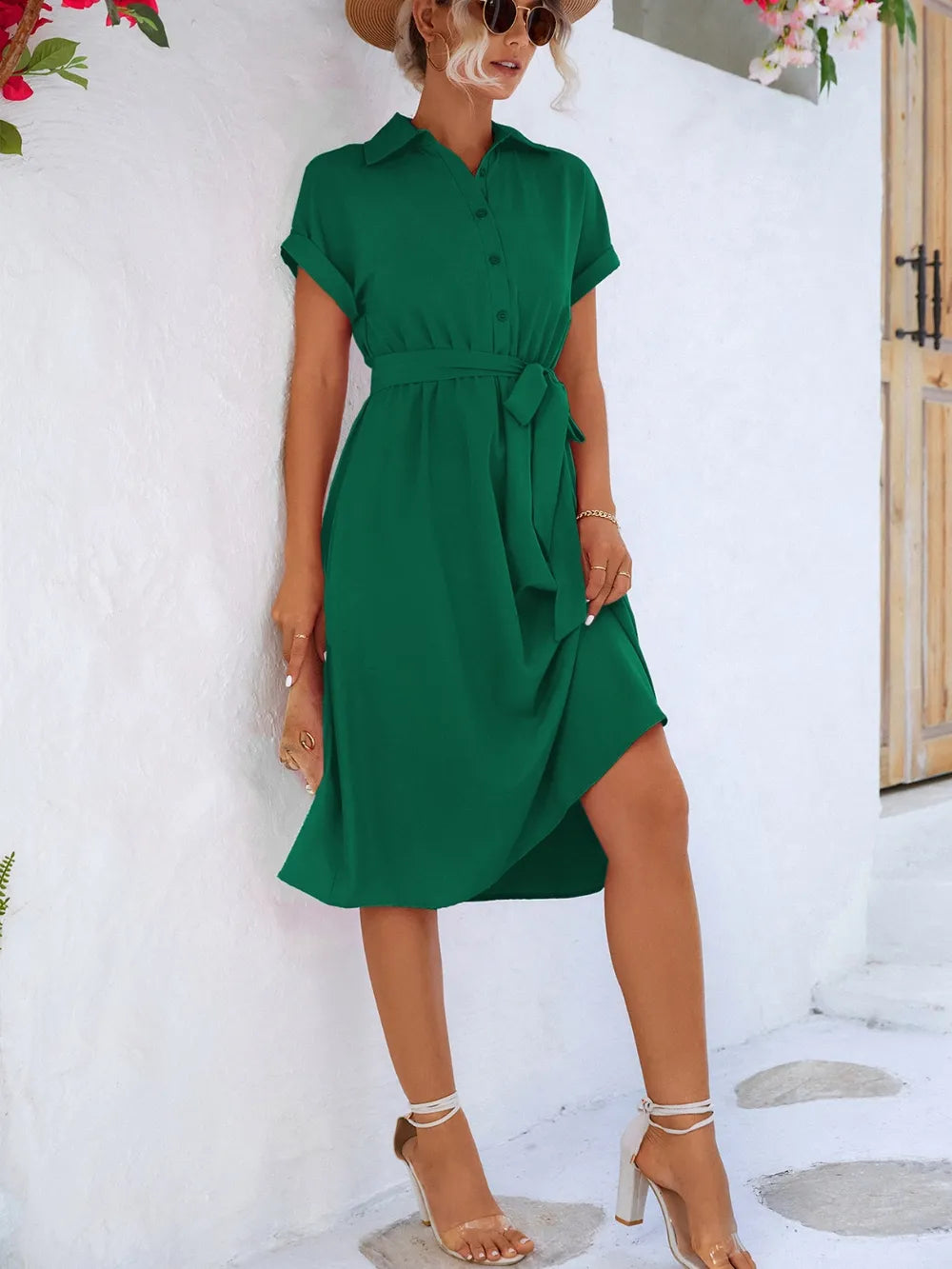 Buttoned Tie Waist Short Sleeve Dress - kinko
