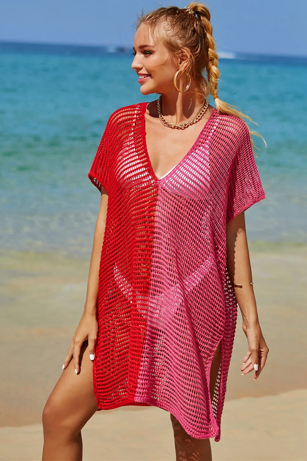 Angel Wings Openwork Contrast Slit Knit Cover Up - kinko
