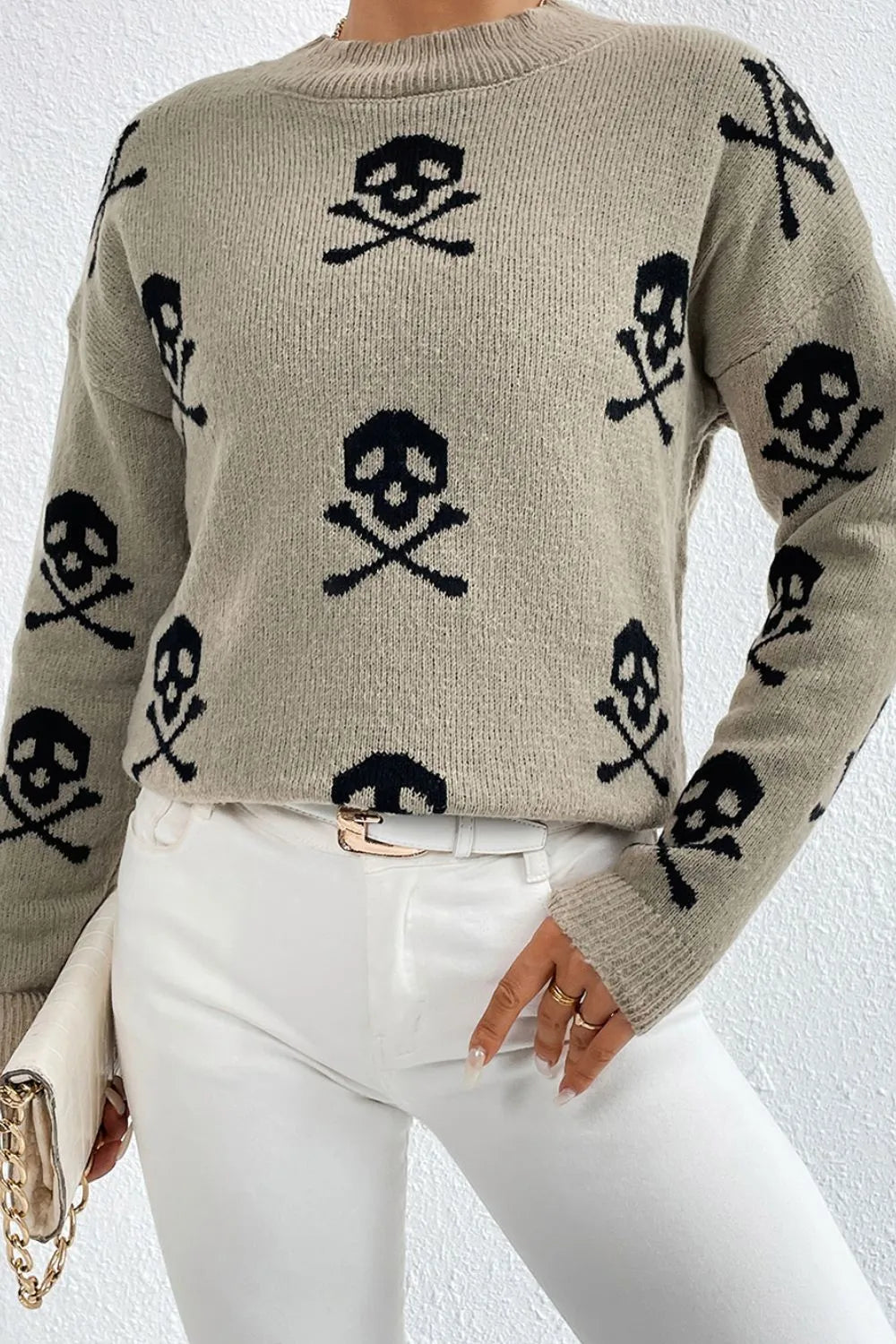 Graphic Mock Neck Dropped Shoulder Sweater - kinko