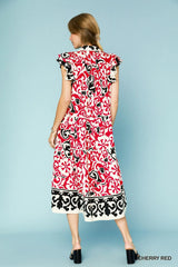 Umgee Printed Ruffled Cap Sleeve Midi Dress - kinko