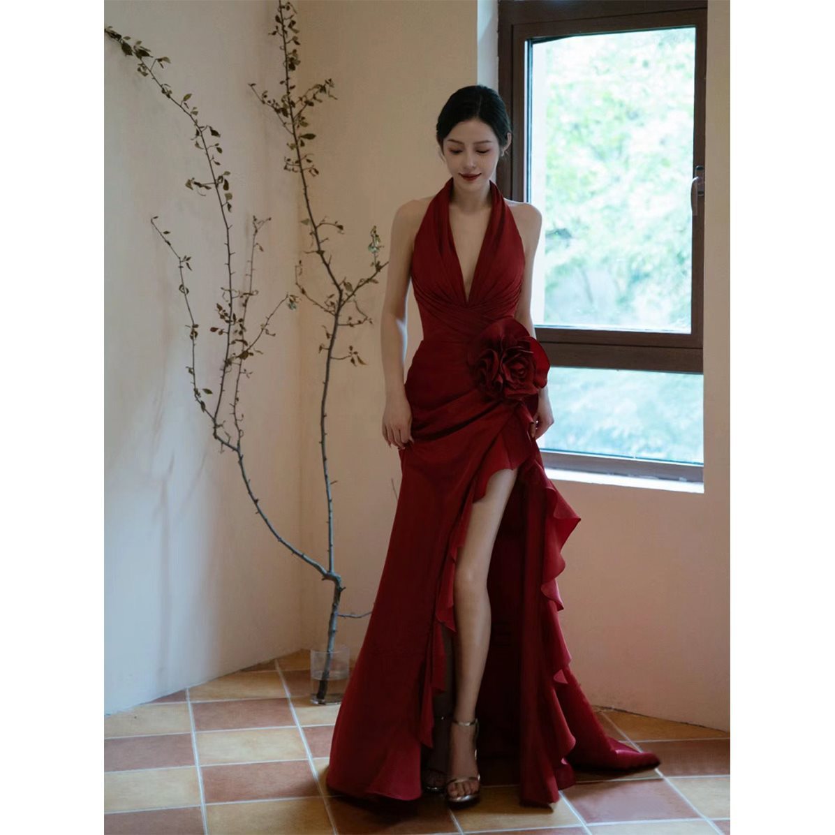 Socialite Style Wine Red Elegant Halter Bride Wedding Toast Dress - kinko