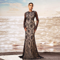 Long Sleeve Round Collar Gauze Sheath Fishtail Evening Dress - kinko