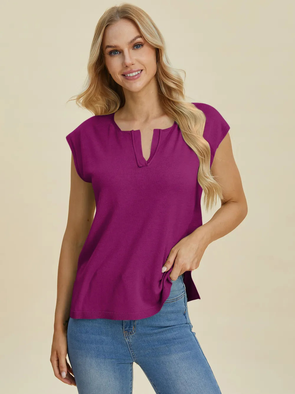 Double Take Full Size Notched Cap Sleeve Knit Top - kinko