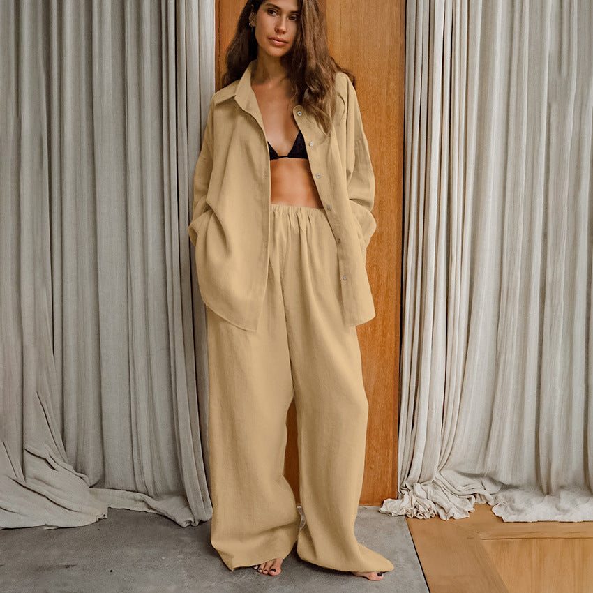 Loose Cotton And Linen Breathable Long Sleeves Trousers Two-piece Set - kinko