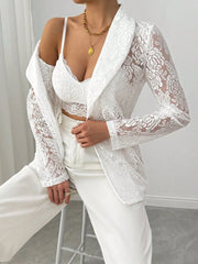 Lace Lapel Collar Long Sleeve Blazer - kinko