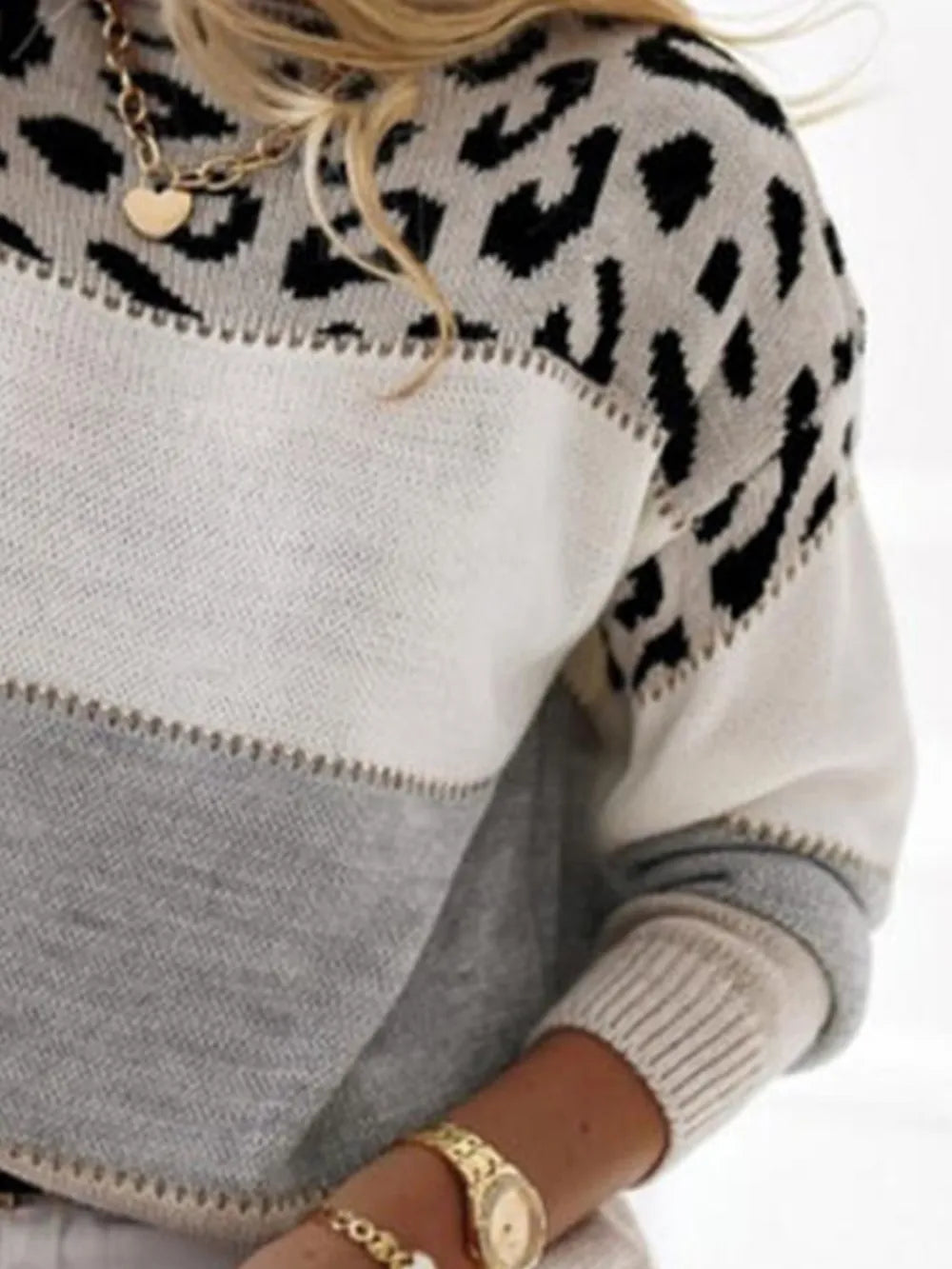 Leopard Color Block Round Neck Long Sleeve Sweater - kinko