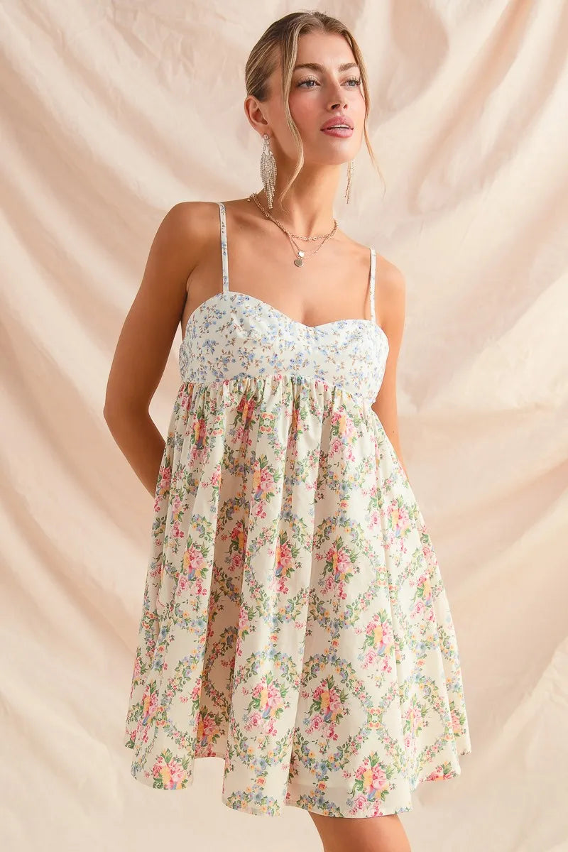 SO ME Mixed Floral Print Sleeveless Mini Dress - kinko