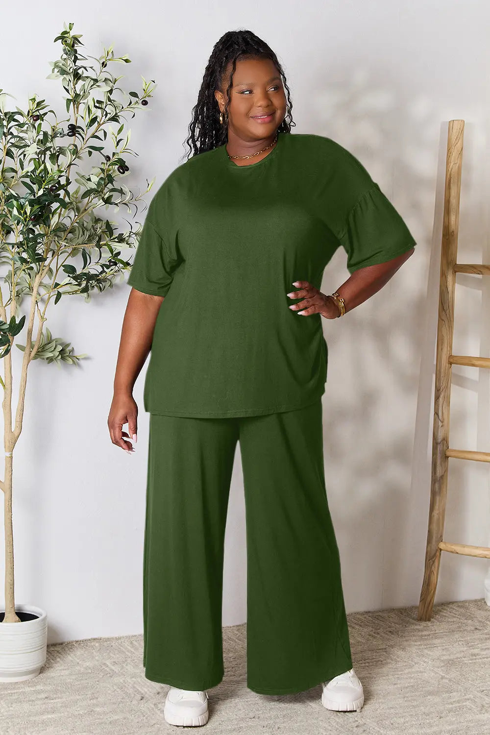 Double Take Full Size Round Neck Slit Top and Pants Set - kinko