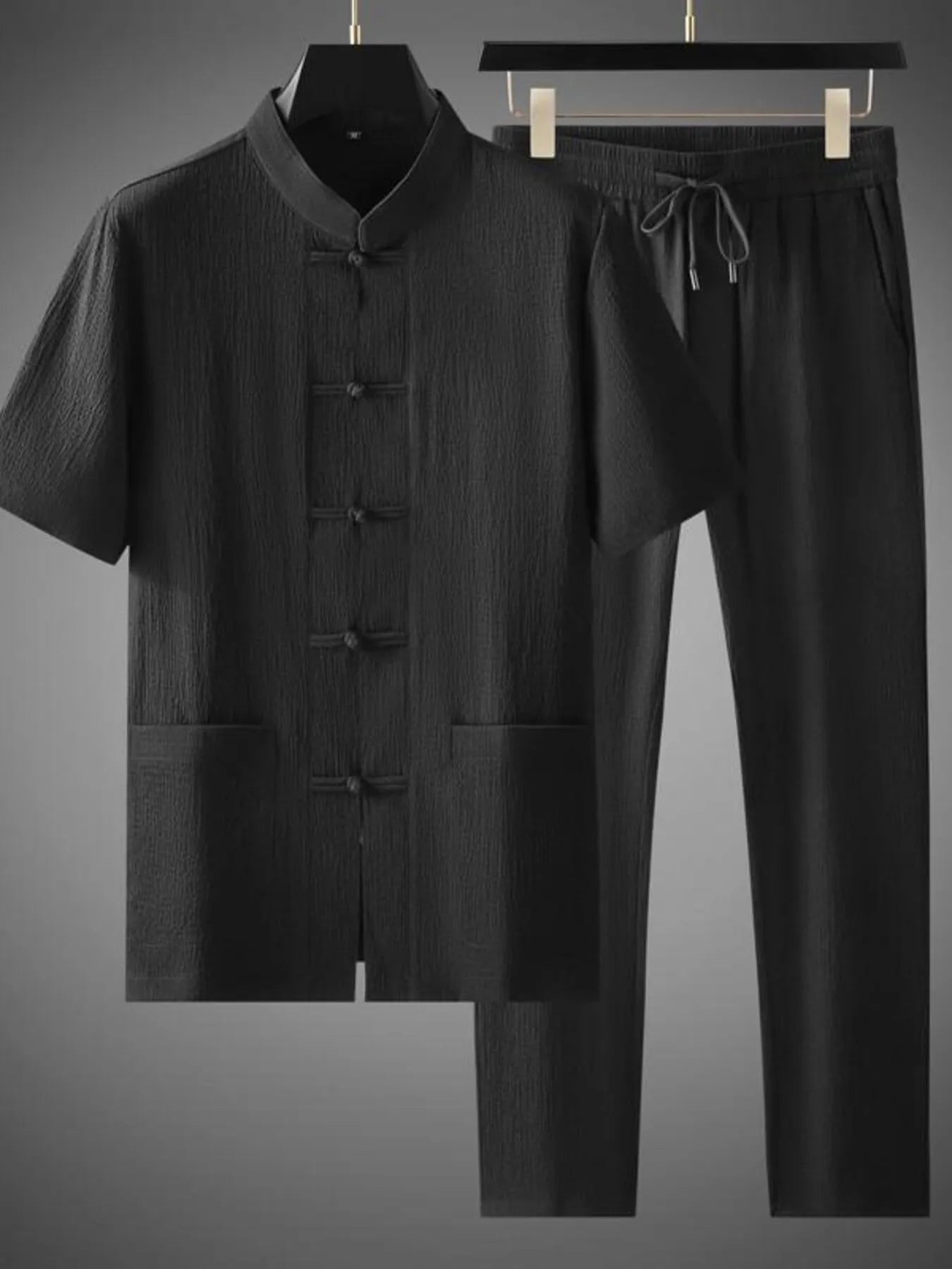 Men's Plus Size Button Up Short Sleeve Top and Pants Set - kinko