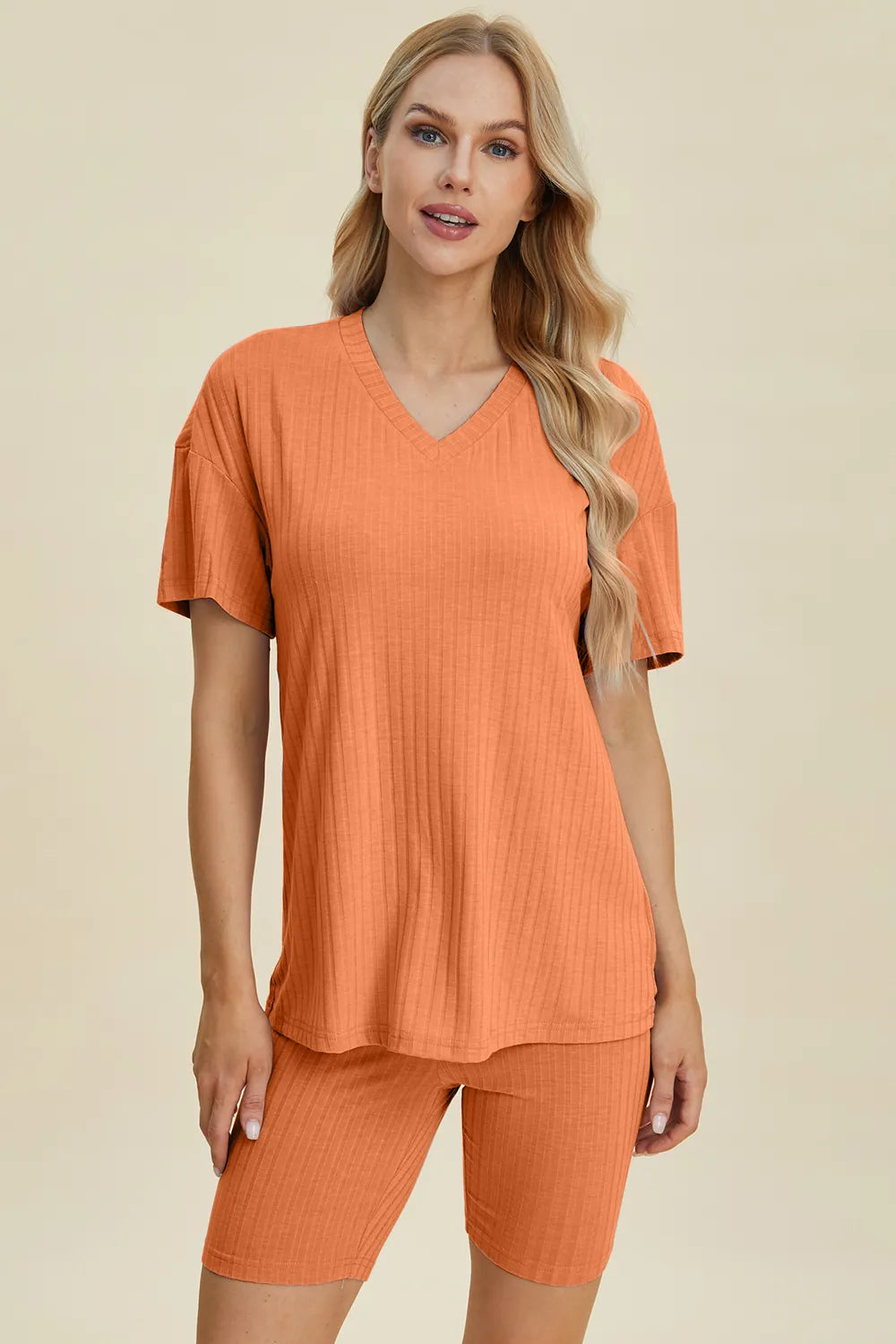 Basic Bae Full Size Ribbed V-Neck Short Sleeve Top and Shorts Set - kinko