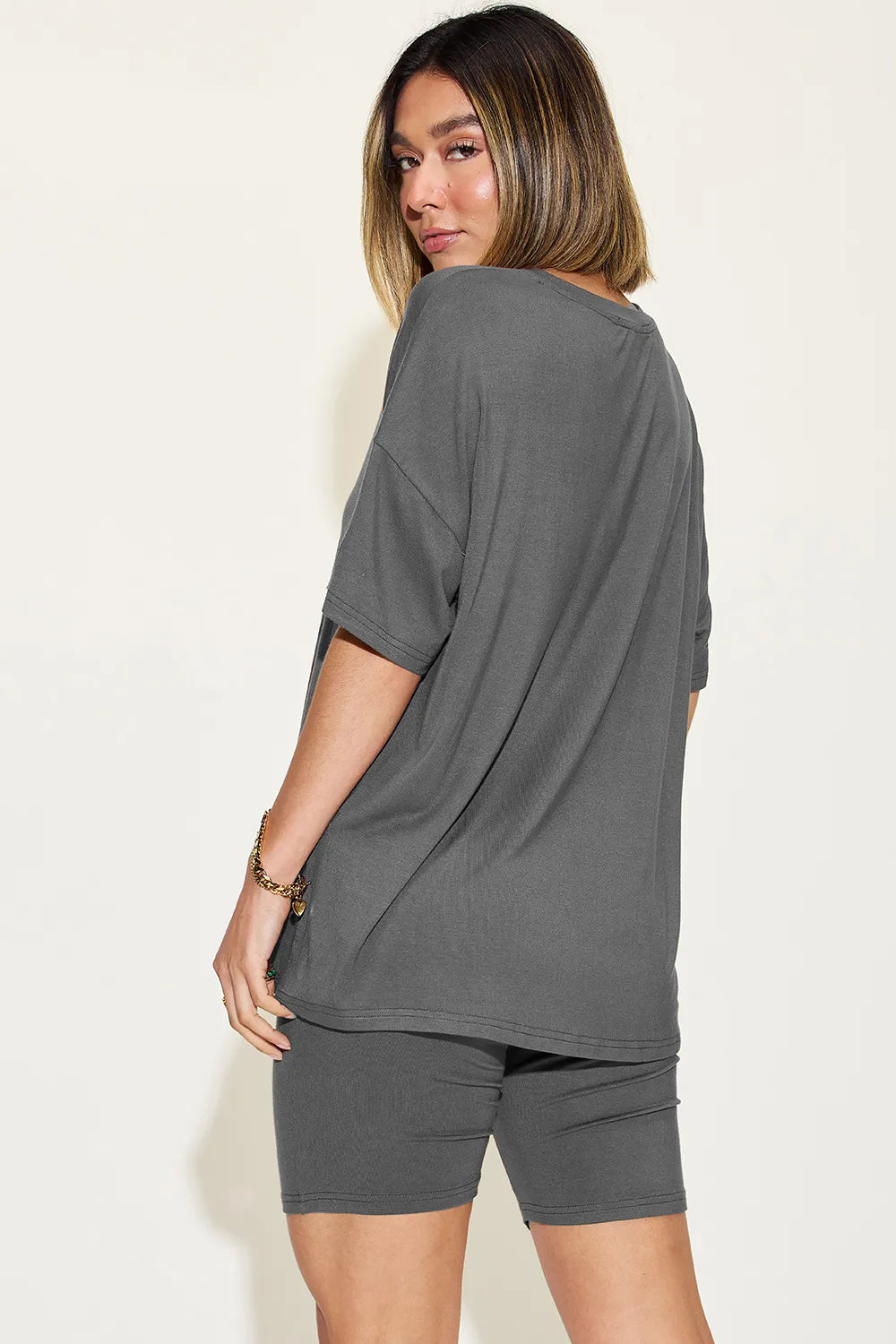 Basic Bae Full Size V-Neck Drop Shoulder T-Shirt and Shorts Set - kinko