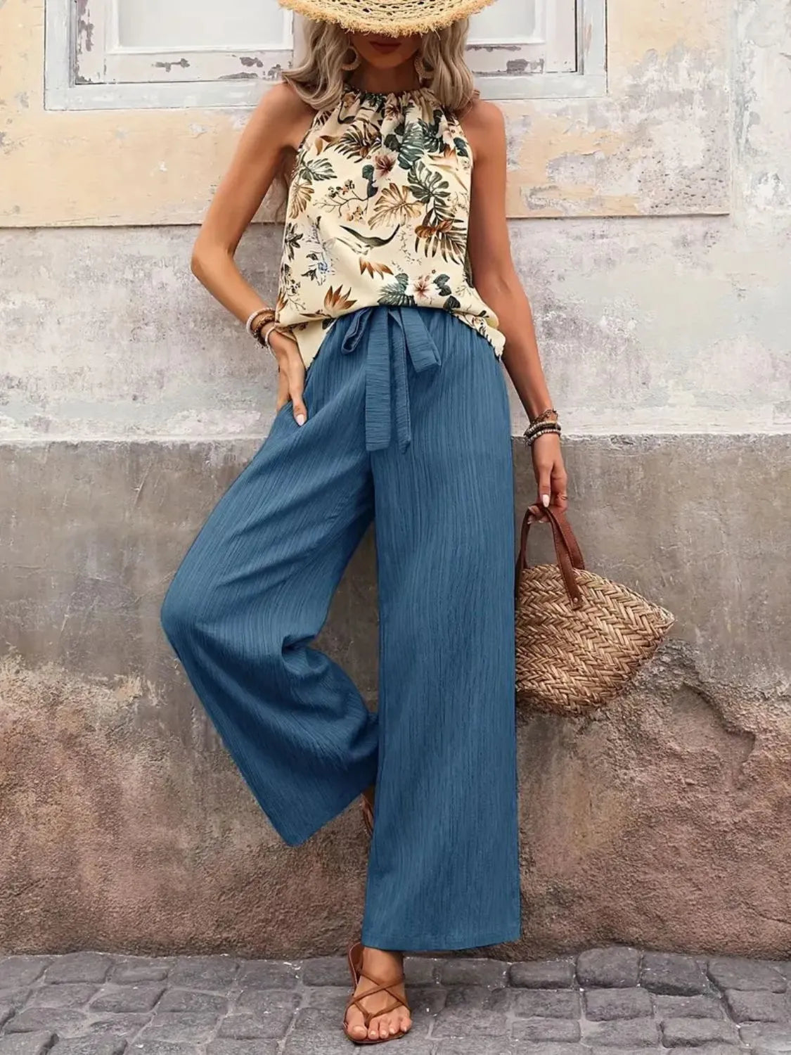 Printed Tank Top and Wide Leg Pants Set - kinko