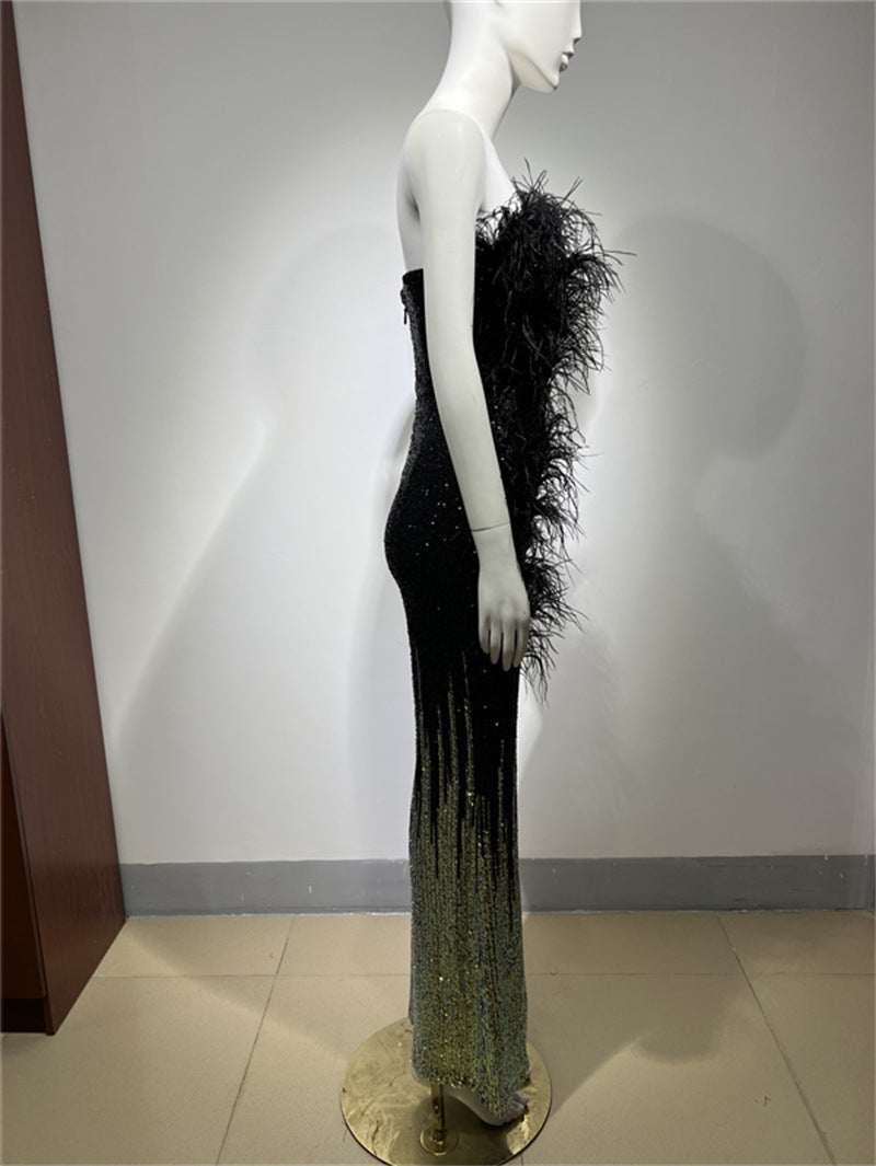 Ostrich Feather Gradient Sequin Tube Top Jumpsuit - kinko
