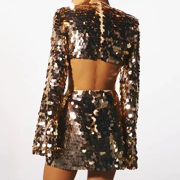 Sweet And Spicy Women's Long Sleeve Round Neck Sexy Large Sequined Evening Dress - kinko