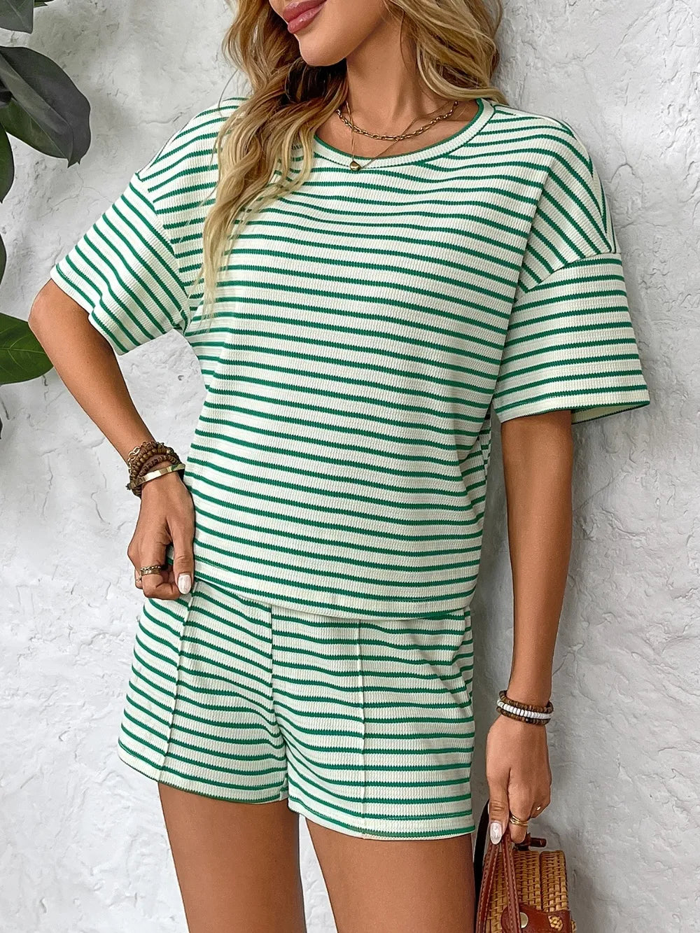 Striped Round Neck Short Sleeve Top and Shorts Set - kinko