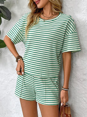 Striped Round Neck Short Sleeve Top and Shorts Set - kinko
