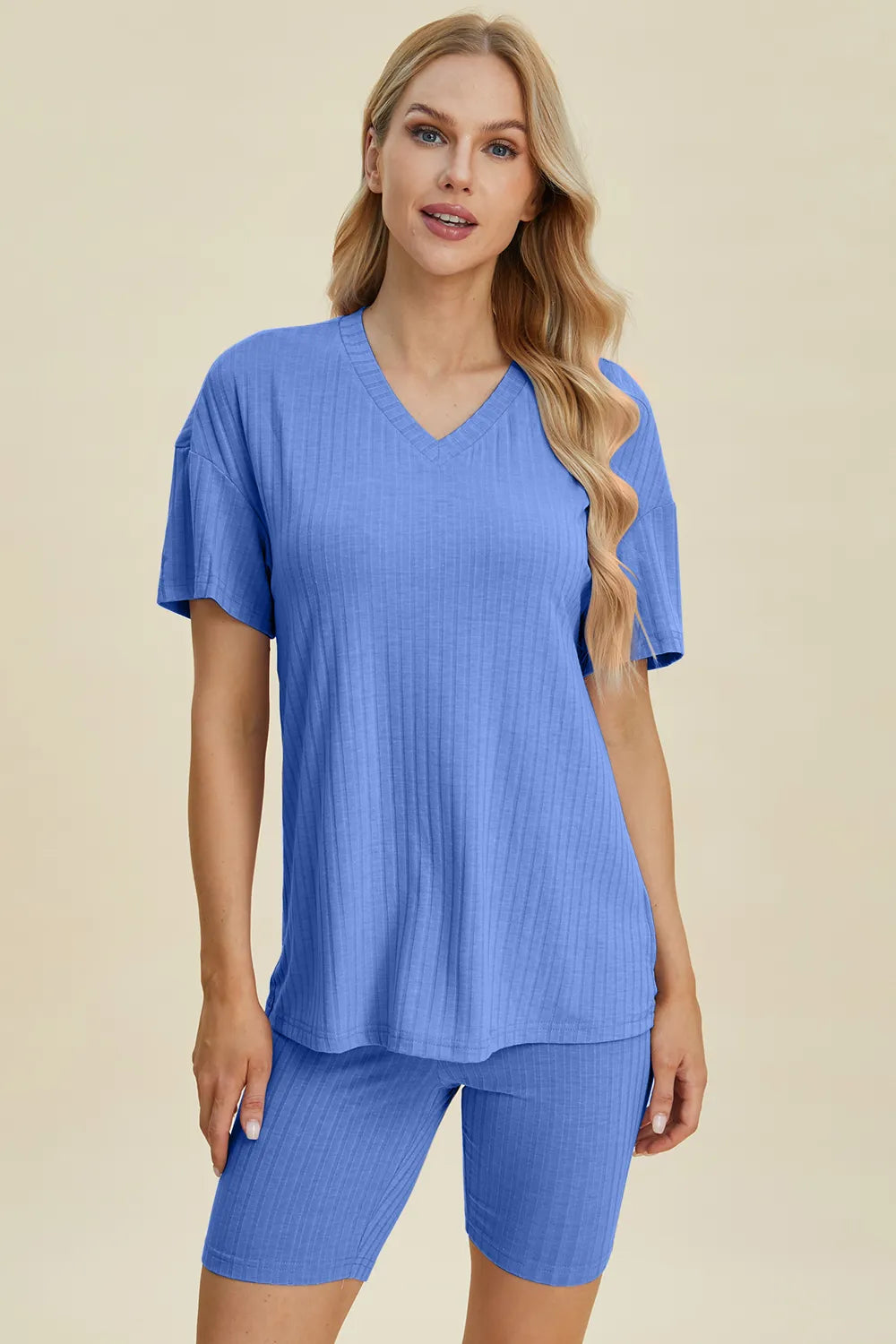 Basic Bae Full Size Ribbed V-Neck Short Sleeve Top and Shorts Set - kinko