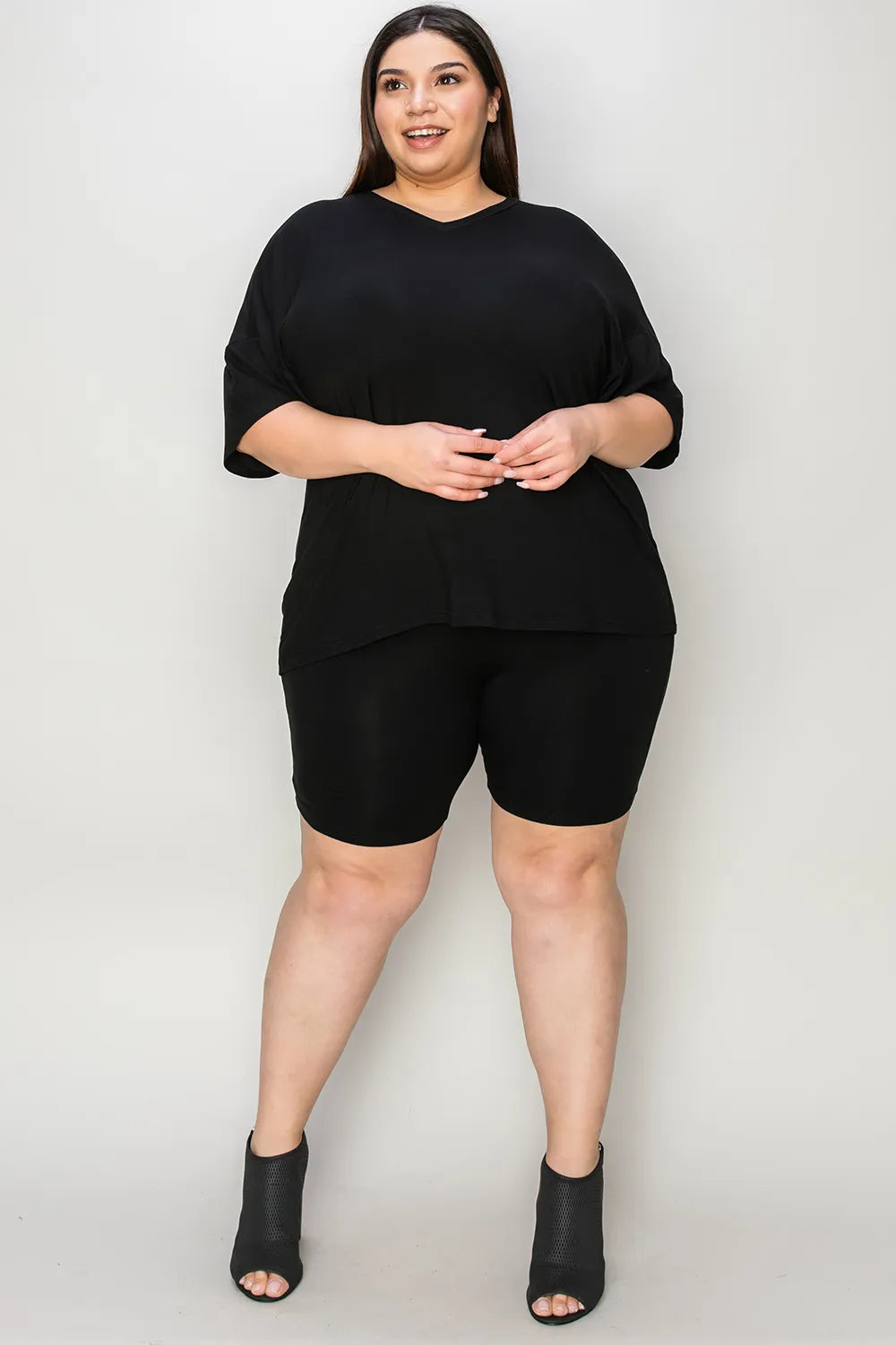 Basic Bae Bamboo Full Size V-Neck Drop Shoulder T-Shirt and Shorts Set - kinko