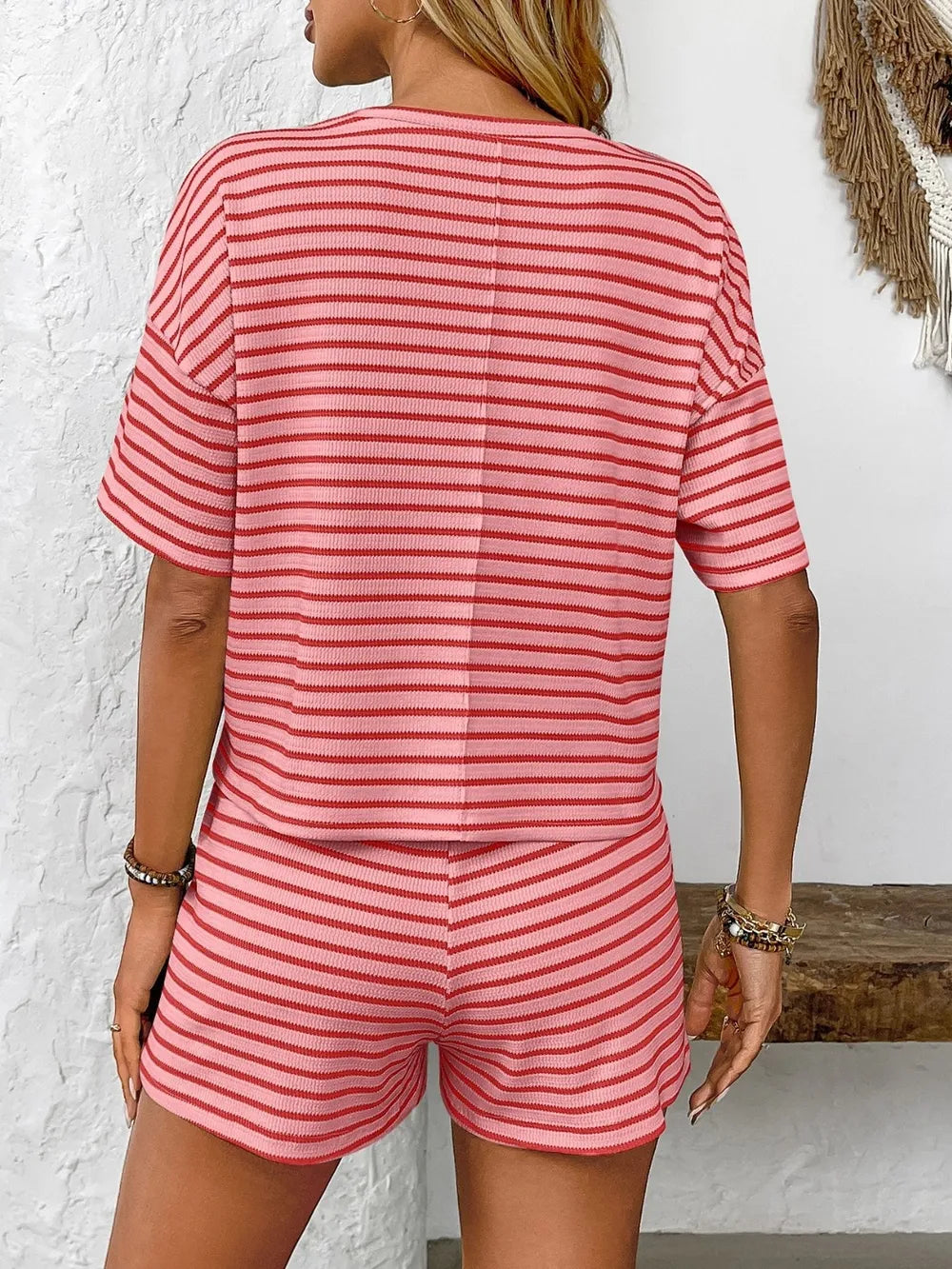 Striped Round Neck Short Sleeve Top and Shorts Set - kinko