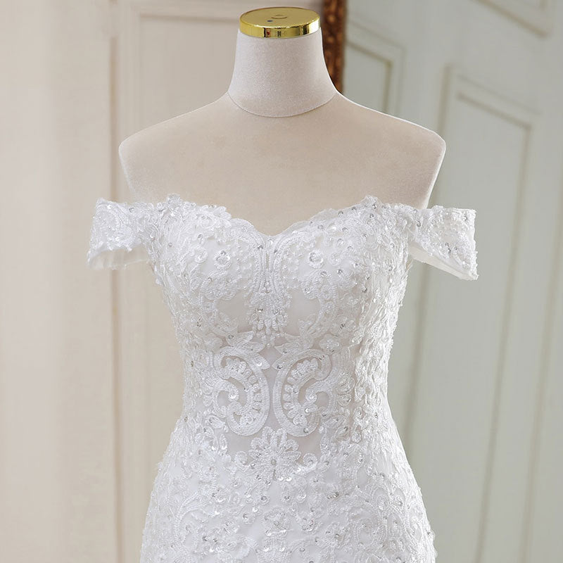 High Waist White Temperament Dream Lace Mid-waist Long Tail V-neck Wedding Dress - kinko