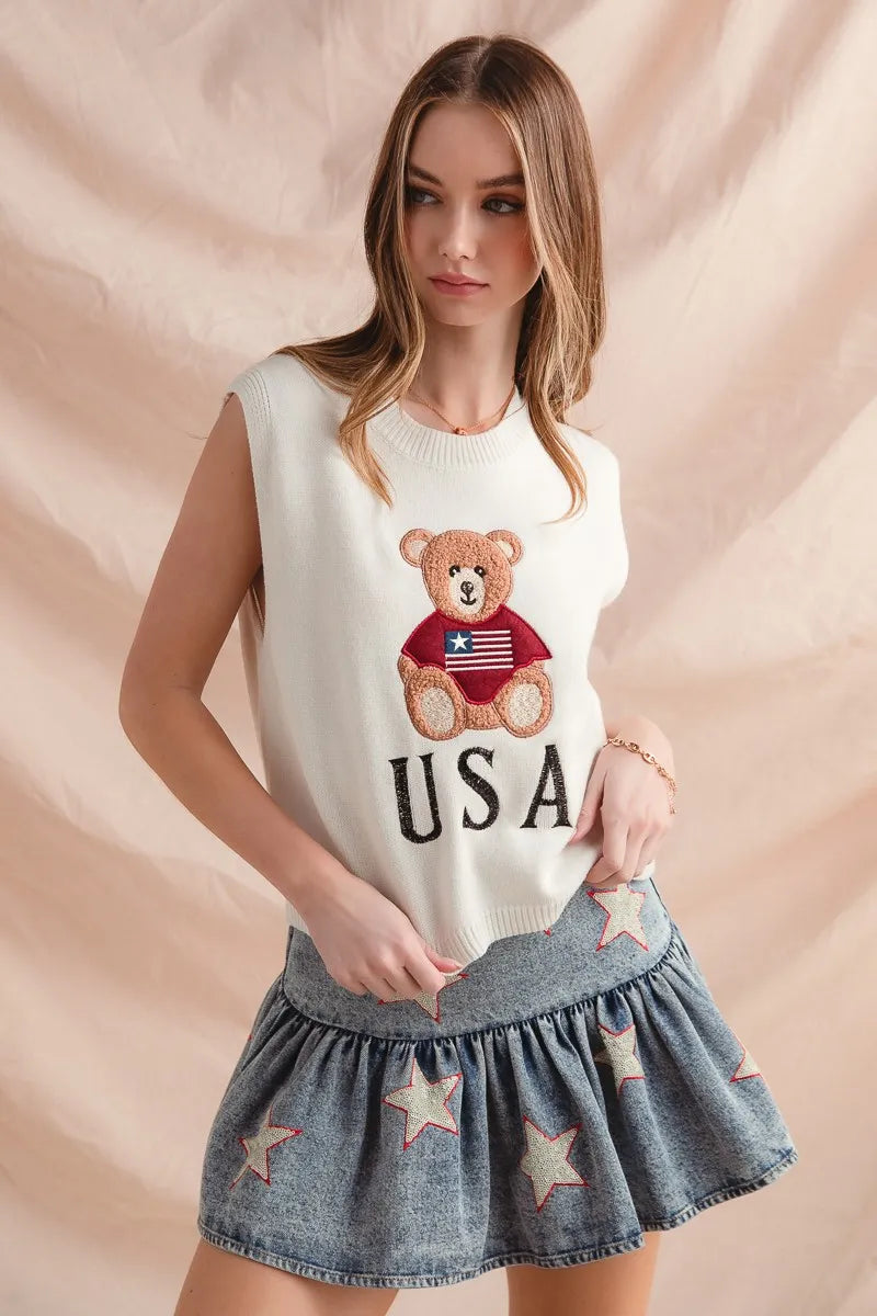SO ME Teddy Bear Wearing An American Flag With Usa Embroidered Sweater Vest - kinko