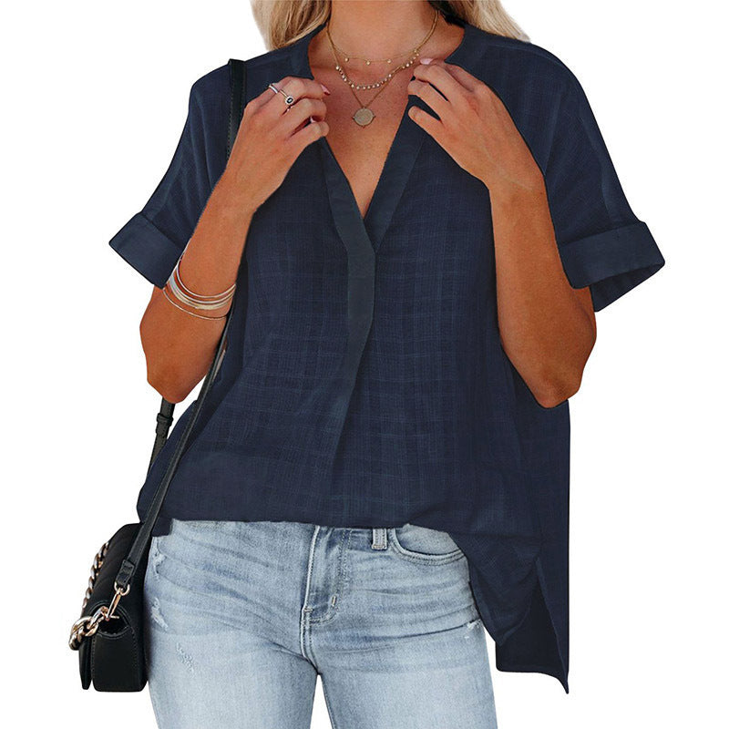 Women's Short Sleeve Thin V-neck Pullover Loose Shirt - kinko