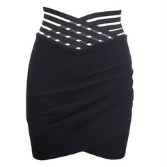 Ladies' Solid Color Fashionable Versatile Cross Hollow Asymmetric Hem Skirt - kinko