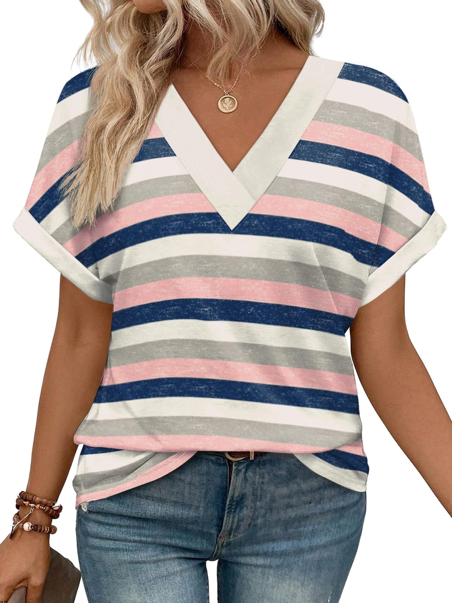 Women's Casual Round Neck Striped T-shirt Top - kinko