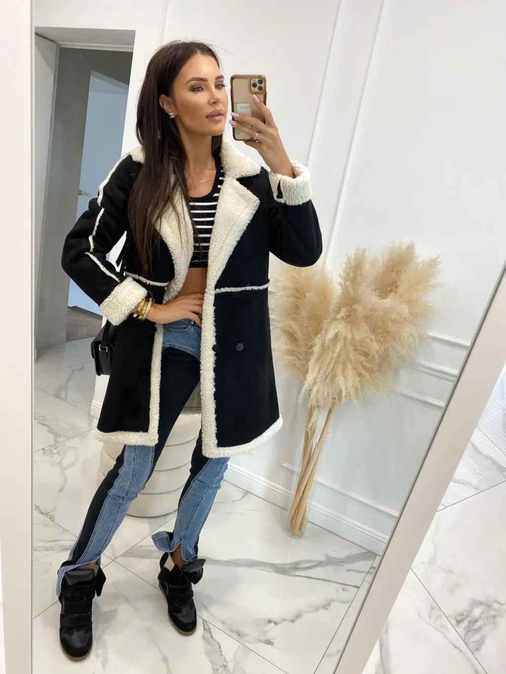 Lapel Collar Exposed Seam Buttoned Coat - kinko