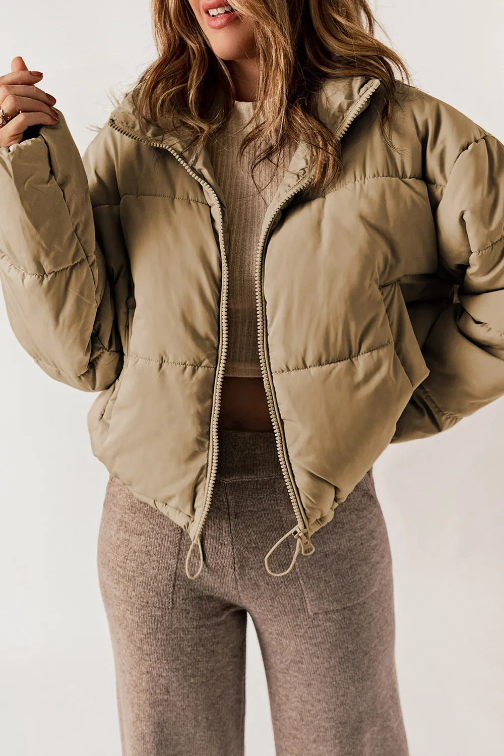 Zip Up Collared Neck Long Sleeve Winter Coat - kinko