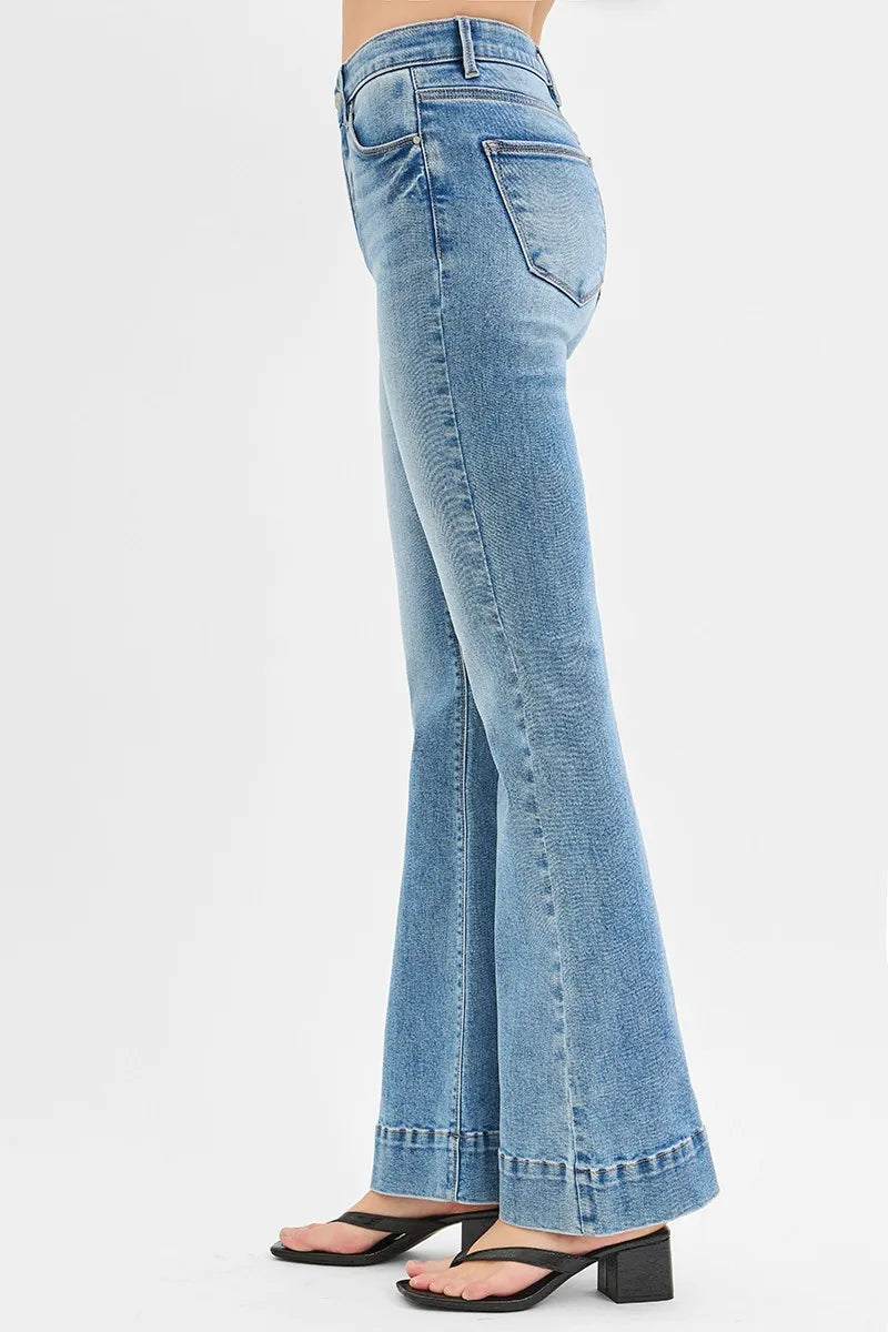 RISEN Full Size Tummy Control Elastic Band High Rise Flare Jeans Plus Size - kinko