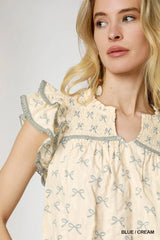 Umgee Bow Print Ruffled Cap Sleeve Mini Dress - kinko