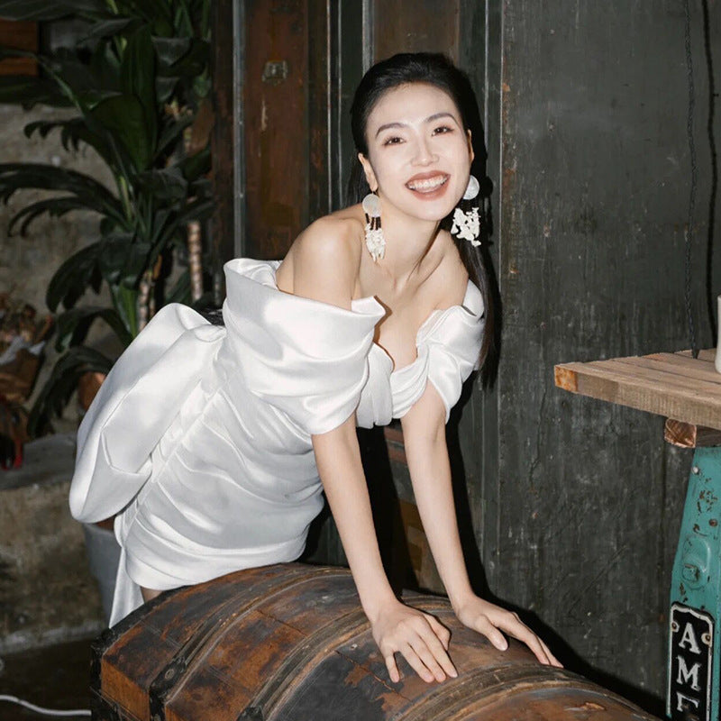Short Model In White Color Engagement Dress - kinko