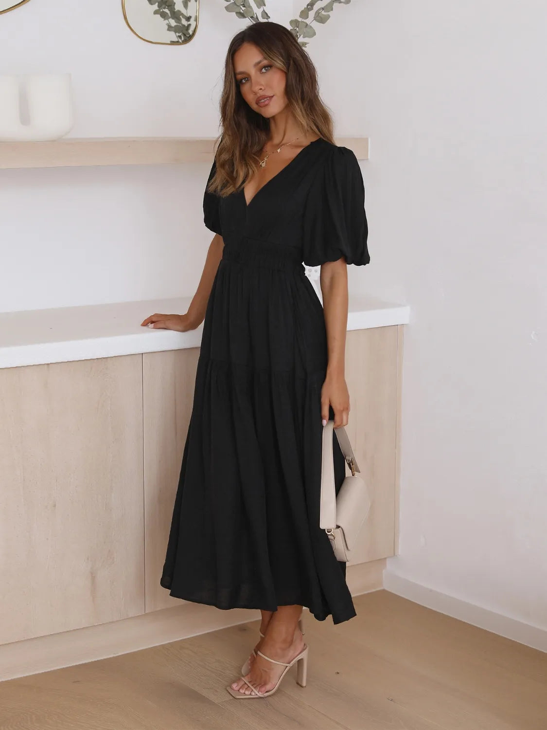 Tiered Surplice Half Sleeve Midi Dress - kinko