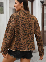 Leopard Print Raw Hem Denim Jacket - kinko