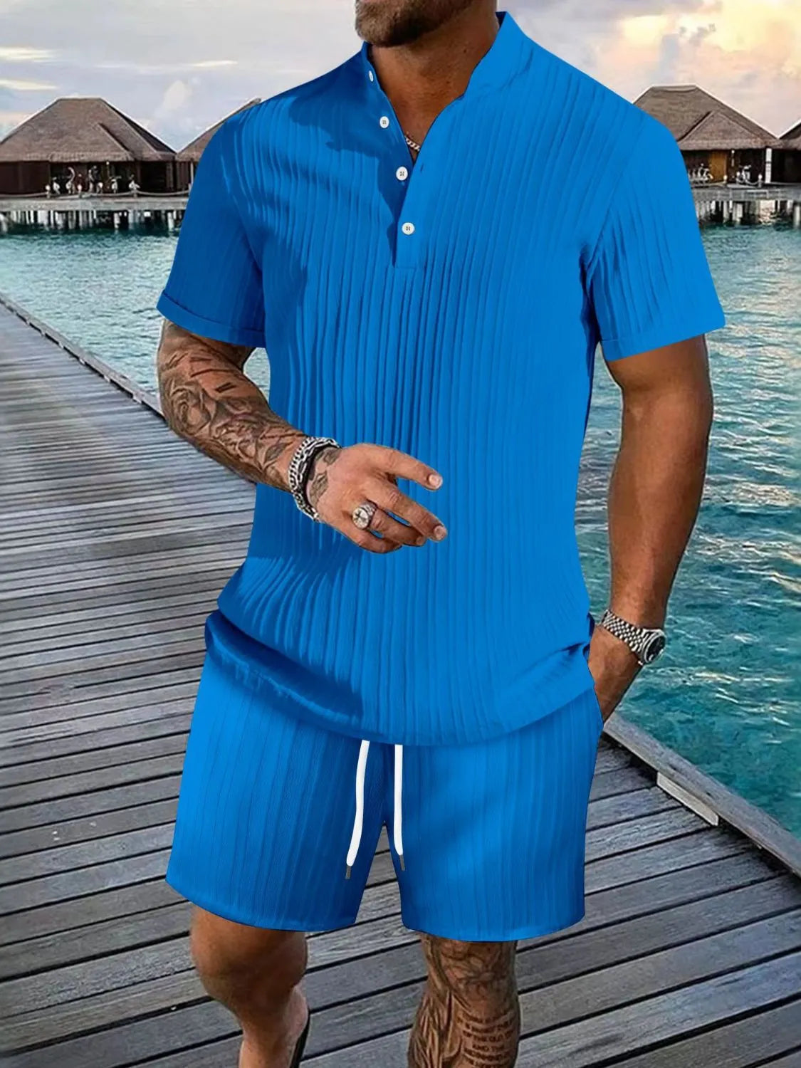 Men's Full Size Button Detail Short Sleeve Top and Shorts Set Plus Size - kinko