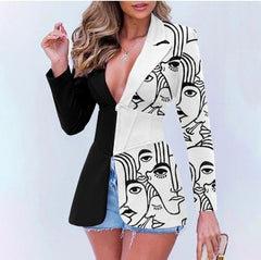 Women's Printed Contrast Color Lapels Blazer - kinko
