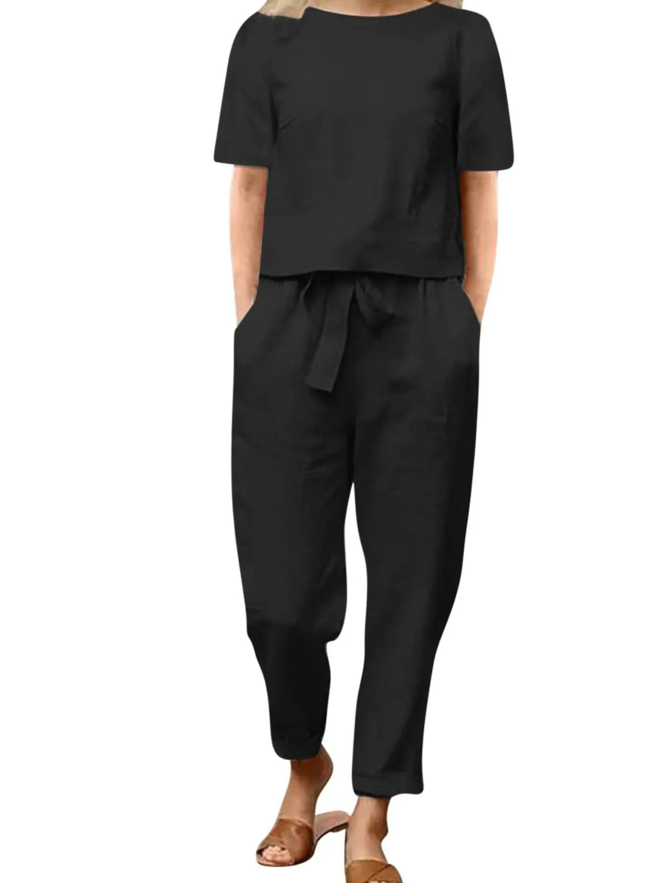Full Size Round Neck Short Sleeve Top and Pants Set Plus Size - kinko