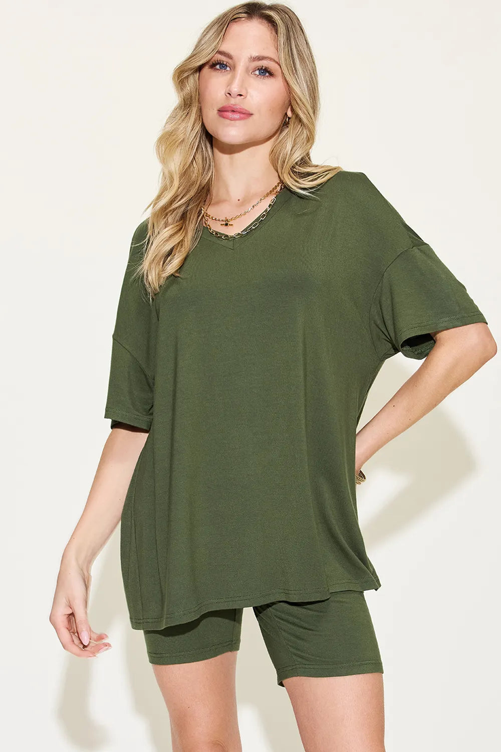 Basic Bae Full Size V-Neck Drop Shoulder T-Shirt and Shorts Set - kinko