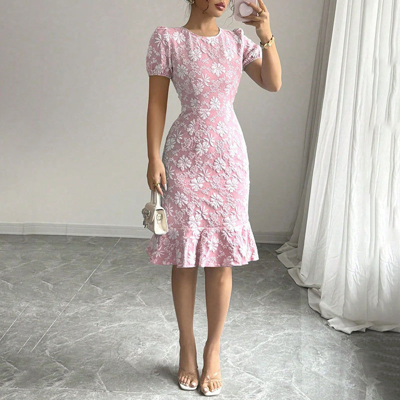 Women's Floral Jacquard Dress Women's Short Puff Sleeve Crew Neck Ruffle Hem Bodycon Dresses - kinko