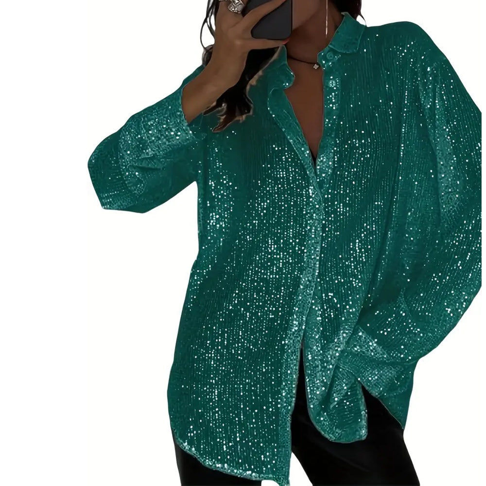 Elegant Women's Sequin Shirt - Stylish Long Sleeve Button-Up Blouse With Glitter Details, Perfect For Party & Casual To Formal Wear - kinko
