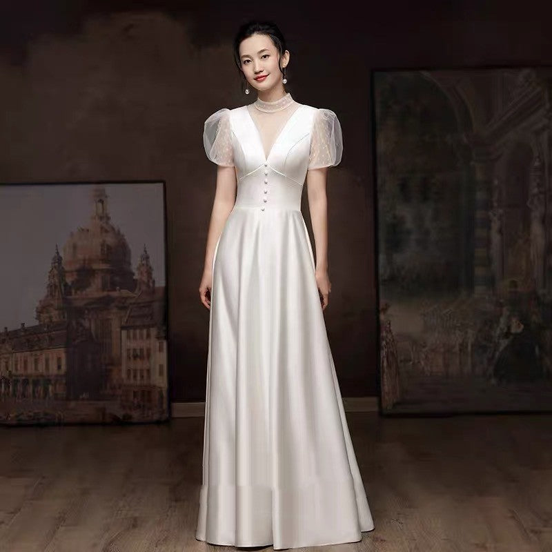 White Engagement Wedding Dress Female French Satin Light Wedding Dress - kinko