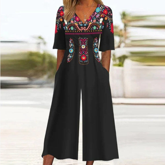 Spring And Summer Print Women's Pocket Collar Jumpsuit - kinko