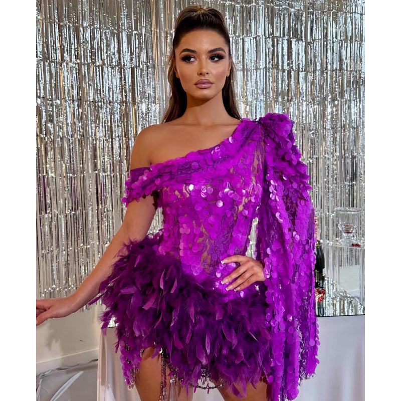 Purple Sequined Feather Skirt One-shoulder Sleeve Short Dress Luxury Party Stage Performance Dress - kinko